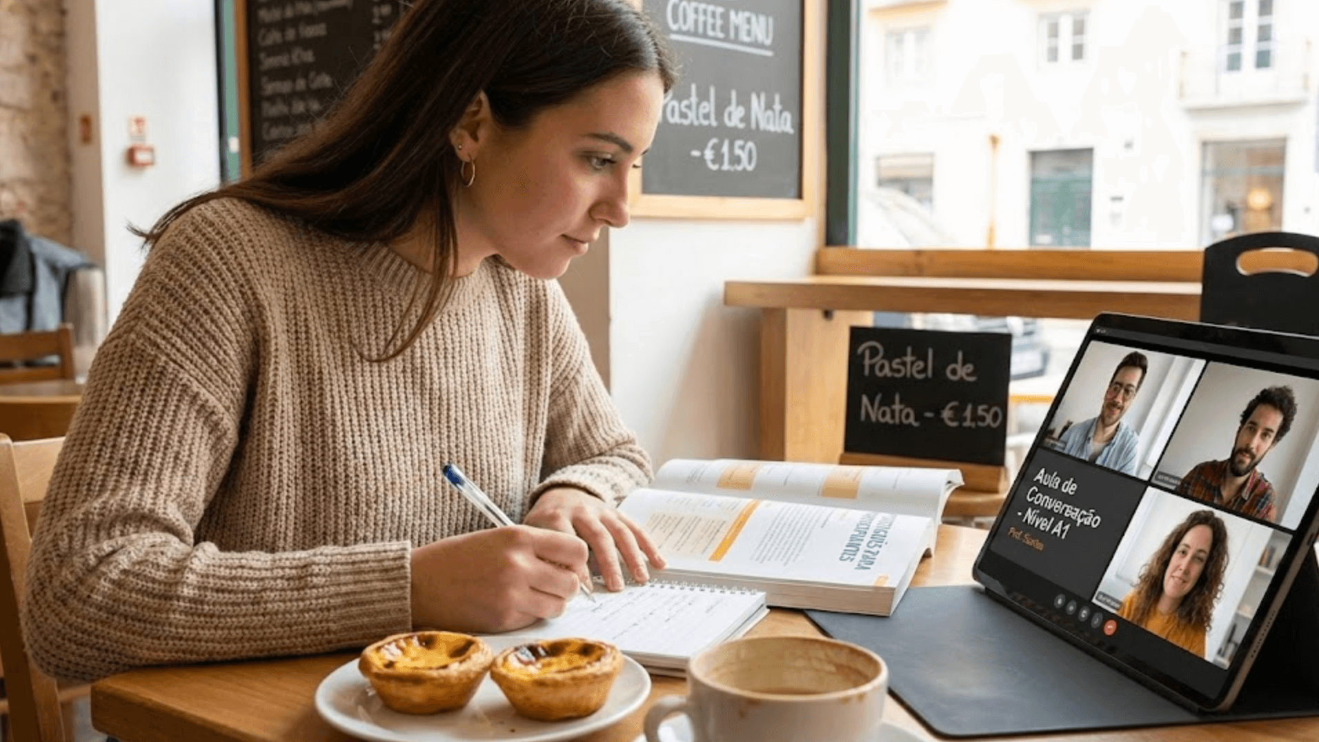 Student learning Portuguese online